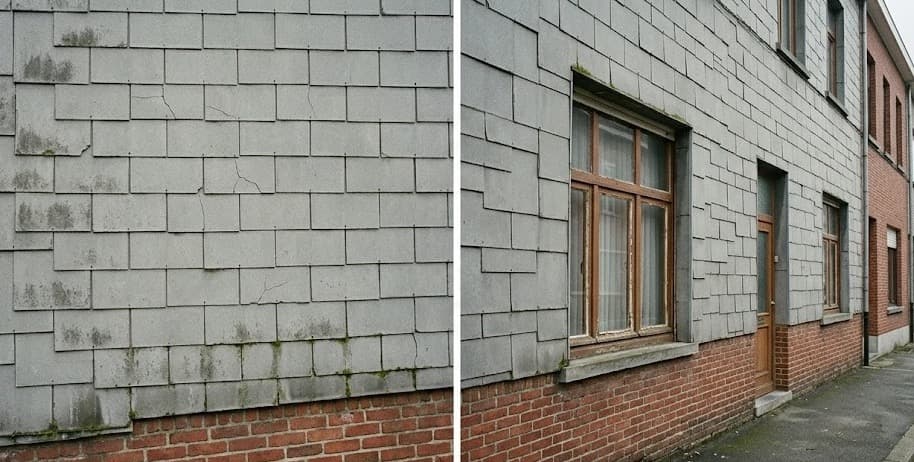 Vlakke grijze asbestcement dakleien op gevel van Vlaamse rijwoning met typische regelmatige patroon en lichte verwering