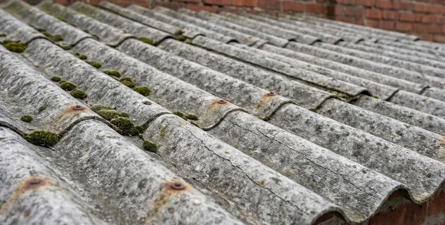 Verweerde grijze asbestcement golfplaten op dak van bijgebouw met kenmerkende golvende structuur en mosgroei
