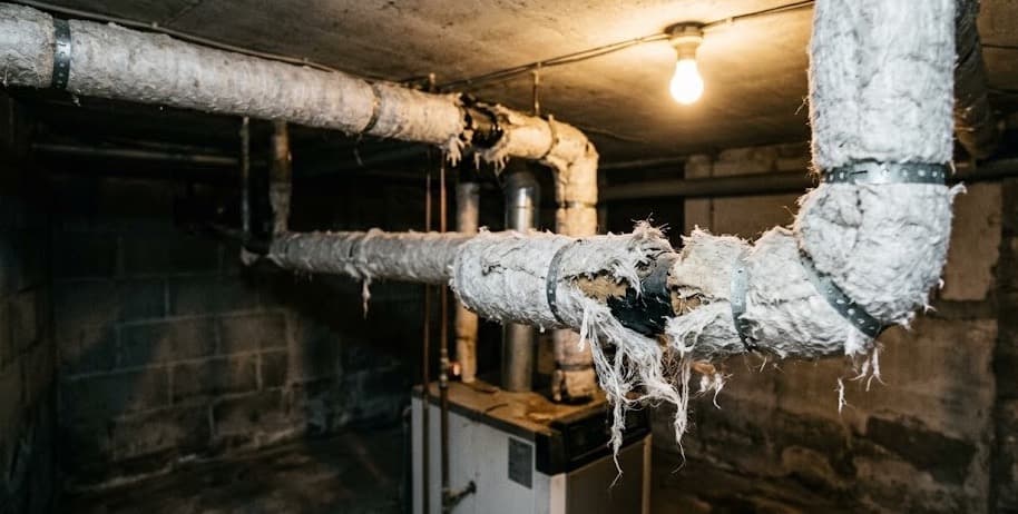 Witte en grijze asbestisolatie rond verwarmingsbuizen in kelder van oudere Belgische woning met zichtbare vezelige structuur