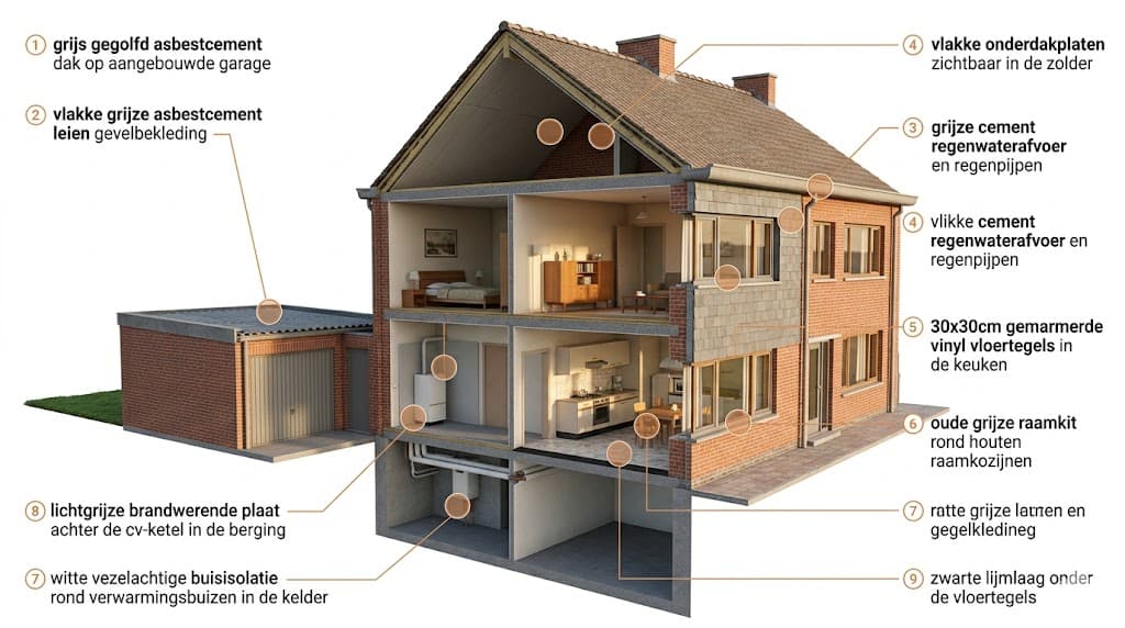 Doorsnede van een typische Vlaamse woning uit de jaren 1960-1980 met 9 gelabelde locaties waar asbest kan voorkomen: dak, gevelbekleding, dakgoten, onderdak, vloertegels, vensterkit, leidingisolatie, brandwerende platen en tegellijm