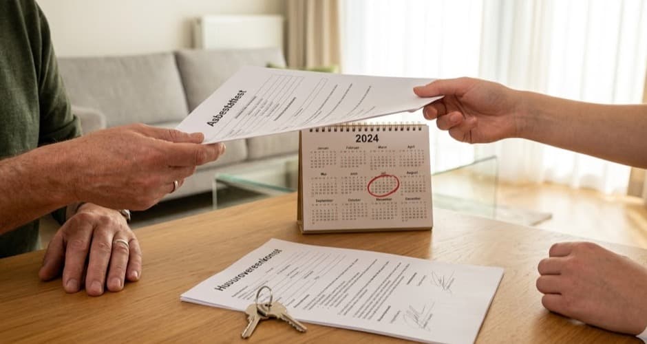 Verhuurder overhandigt asbestattest aan huurder bij ondertekening huurovereenkomst met sleutels en kalender