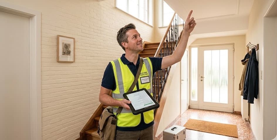 Erkende asbestdeskundige inspecteert een woning in Vlaanderen met tablet en checklist voor het asbestattest