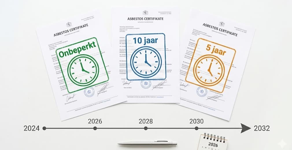 Drie asbestattesten met geldigheid onbeperkt, 10 jaar en 5 jaar op tijdlijn 2024-2032