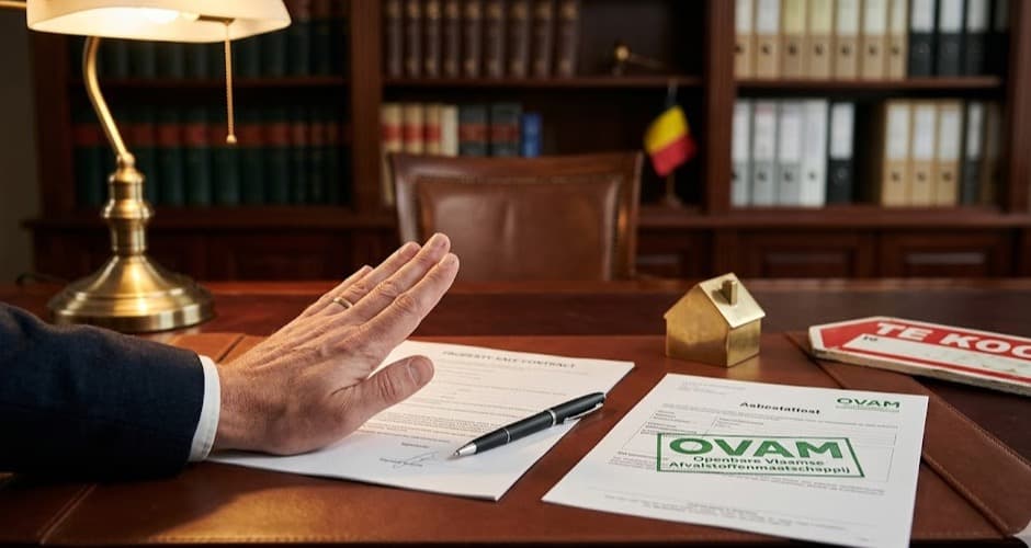 Notaris weigert verkoopakte te ondertekenen zonder OVAM asbestattest bij Te Koop-bord op bureau