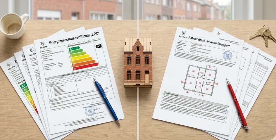EPC attest met energielabels naast asbestattest inventarisrapport met plattegrond bij verkoop van een Vlaamse woning van vóór 2001