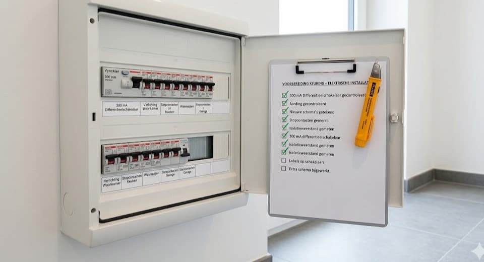 Zekeringskast met 300 mA differentieelschakelaar en checklist voorbereiding elektrische keuring op klembord