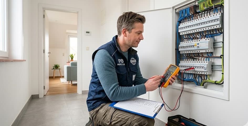 Erkende keurder controleert zekeringskast met multimeter tijdens elektrische keuring in een Vlaamse woning