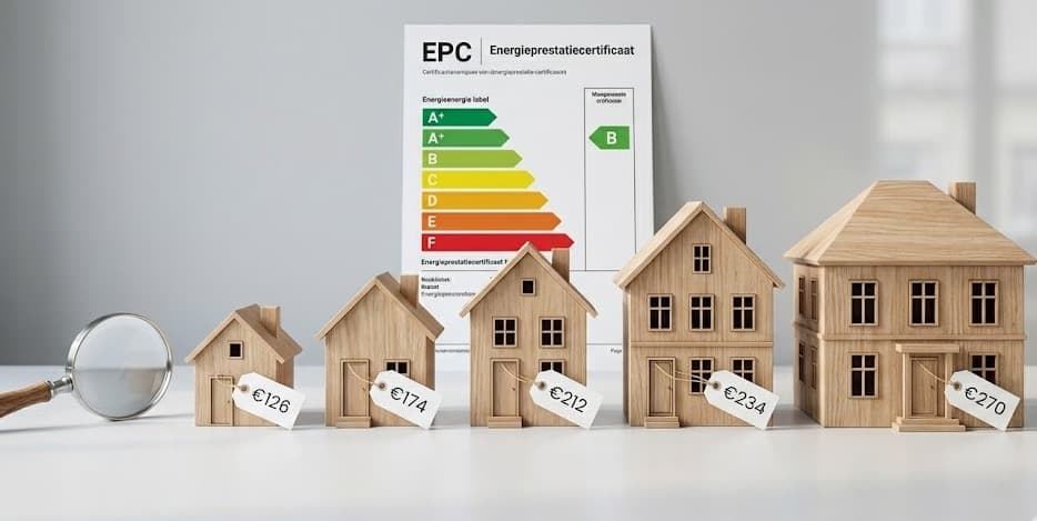 Vijf houten woningmodellen met prijslabels van €126 tot €270 naast een EPC energieprestatiecertificaat met label B