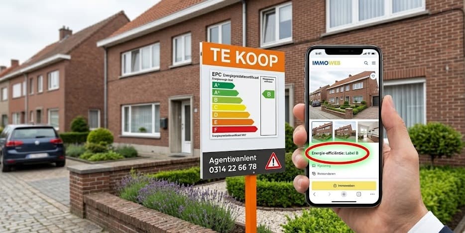 Vlaamse woning te koop met EPC energieprestatiecertificaat label B op het verkoopbord en Immoweb-advertentie met energie-efficiëntie label op smartphone