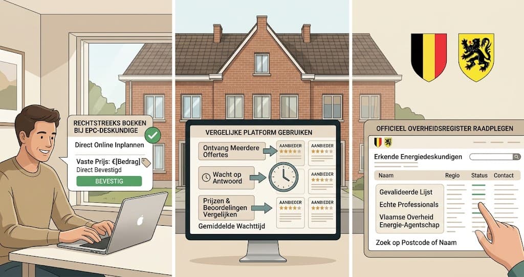 Drie boekingsmethoden voor een EPC keuring naast elkaar: direct boeken bij een erkende deskundige, vergelijkingsplatform met meerdere offertes en het officiele VEKA-register