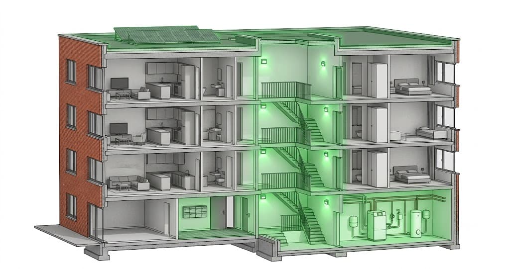 Doorsnede van een Vlaams appartementsgebouw met gemeenschappelijke delen groen gemarkeerd: dak met zonnepanelen, trappenhuis, gangen, stookruimte met verwarmingsinstallatie en buitenmuren