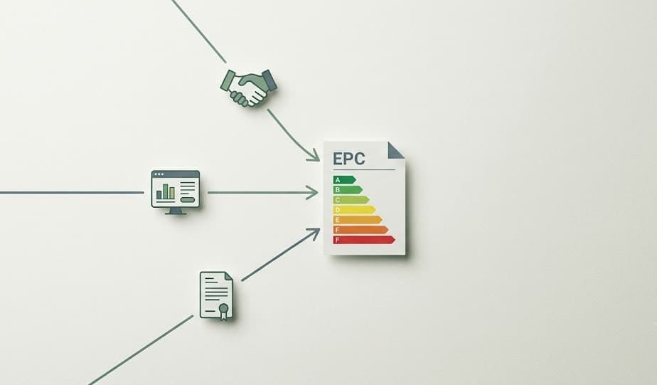 Drie boekingsmethoden voor een EPC keuring - direct bij de deskundige, via een vergelijkingsplatform en via het VEKA-register - komen samen bij een EPC attest met energielabel A tot F