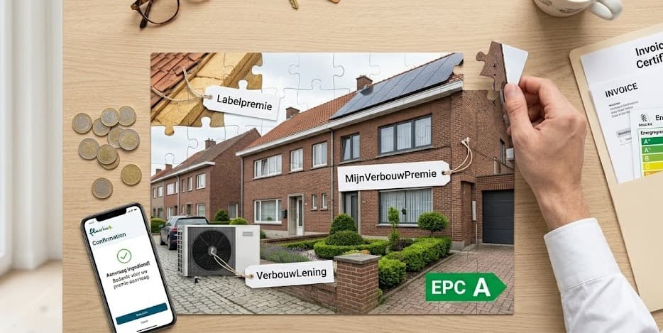 Overzicht EPC premies 2026: puzzel met gerenoveerde woning, labelpremie, MijnVerbouwPremie en VerbouwLening naast EPC label A en Fluvius-bevestiging op smartphone
