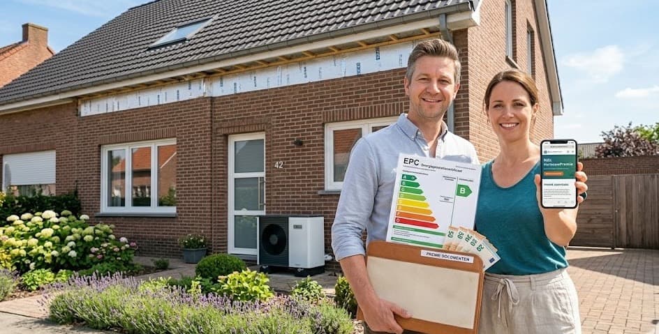 Koppel toont EPC attest met label B en MijnVerbouwPremie-app na renovatie met warmtepomp in Vlaanderen