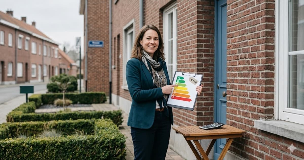 Energiedeskundige toont EPC energielabel met prijs voor Vlaamse rijwoning