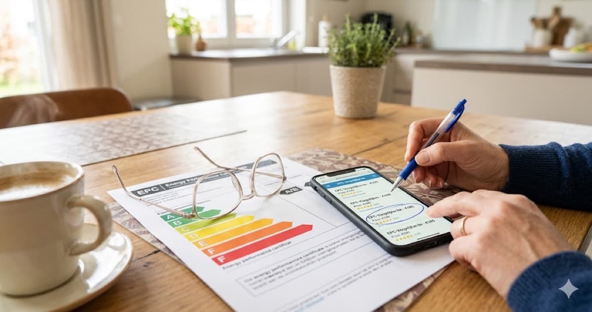 Huiseigenaar vergelijkt EPC attest prijzen op smartphone naast energielabel document