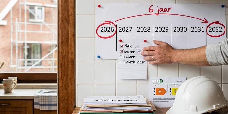 Renovatieplicht tijdlijn van 2026 tot 2032 op whiteboard met checklist voor dak, muren, ramen en vloerisolatie naast EPC attest label F naar D en aannemersoffertes