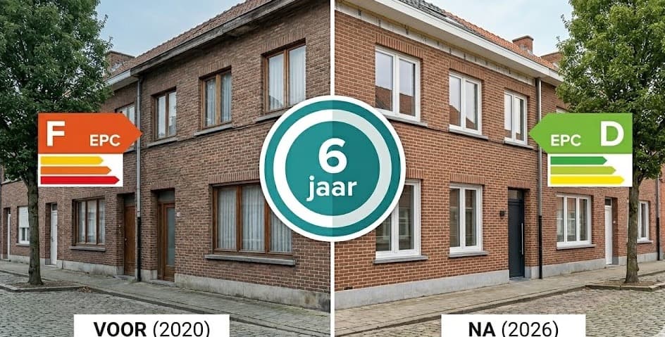 Vlaamse woning voor en na renovatie: EPC label F in 2020 verbeterd naar label D in 2026 binnen de 6-jarige renovatieplicht
