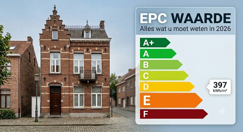 EPC waarden tabel met energielabels A+ tot F naast een Vlaamse woning en de gemiddelde score van 397 kWh per m2 per jaar