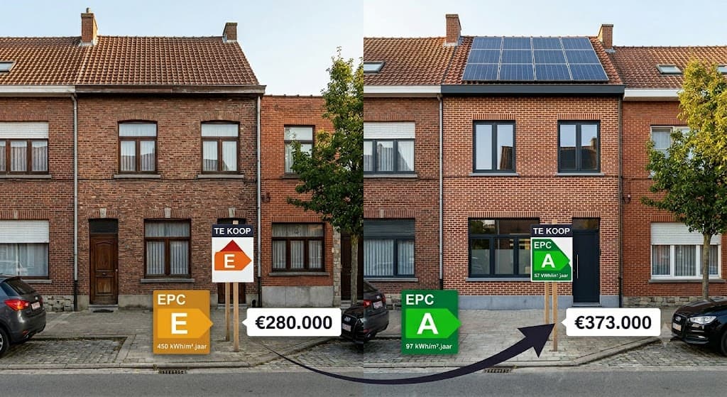 Vlaamse woning met EPC energielabel en verkoopbord, illustratie van de impact van EPC waarde op de woningprijs