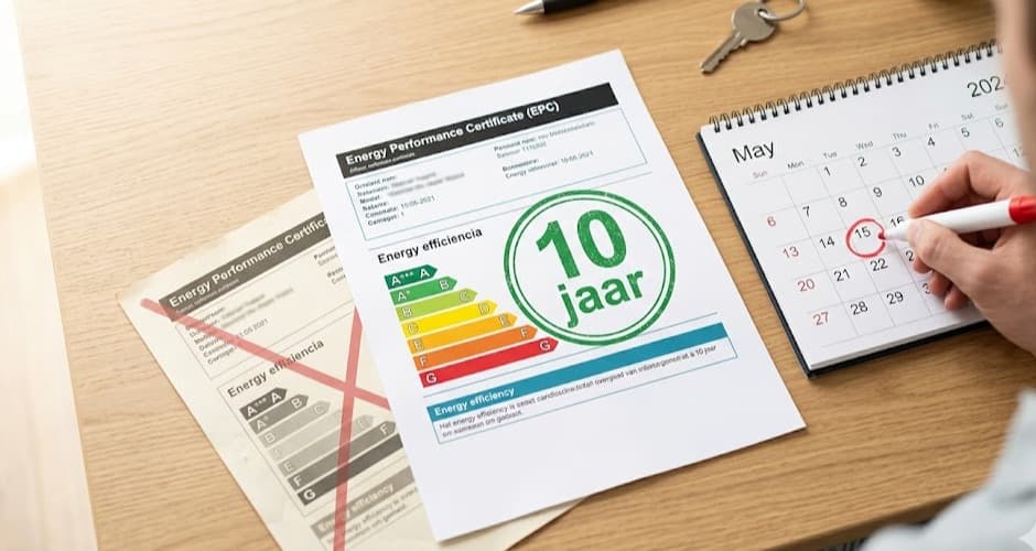 EPC attest met 10 jaar geldigheid naast doorgestreept pre-2019 EPC en kalender met vervaldatum omcirkeld