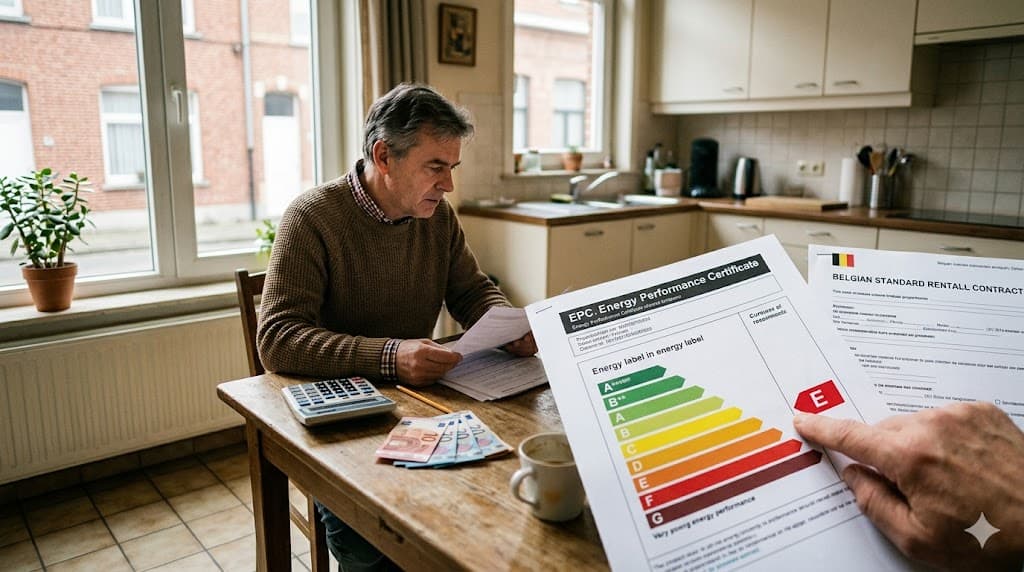 Vlaamse verhuurder bekijkt EPC energieprestatiecertificaat met label E en huurcontract aan keukentafel