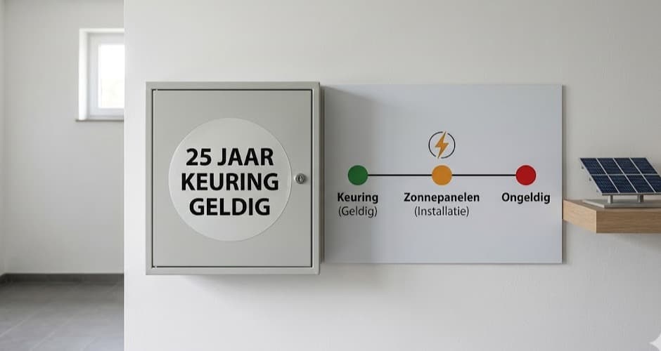 Zekeringskast met 25 jaar keuring geldig en tijdlijn die toont dat zonnepanelen de keuring ongeldig maken