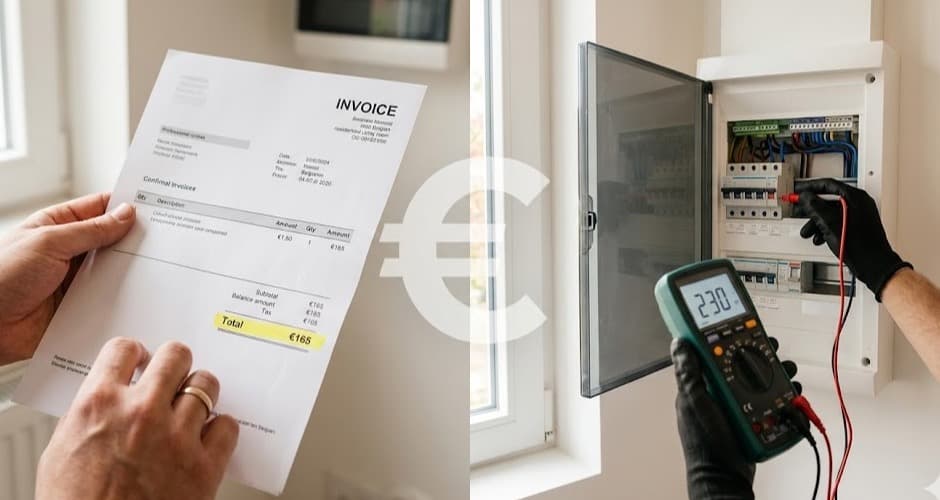 Factuur elektrische keuring van €165 naast keurder die zekeringskast test met multimeter