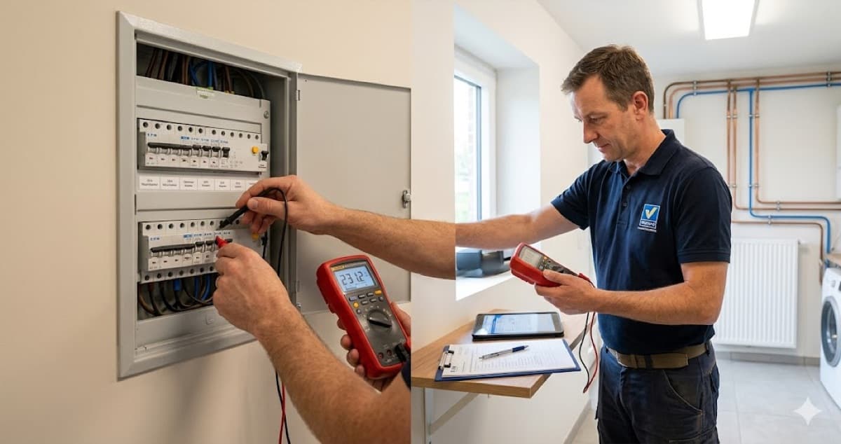 Erkende keurder controleert zekeringskast met multimeter tijdens elektrische keuring in Vlaamse woning