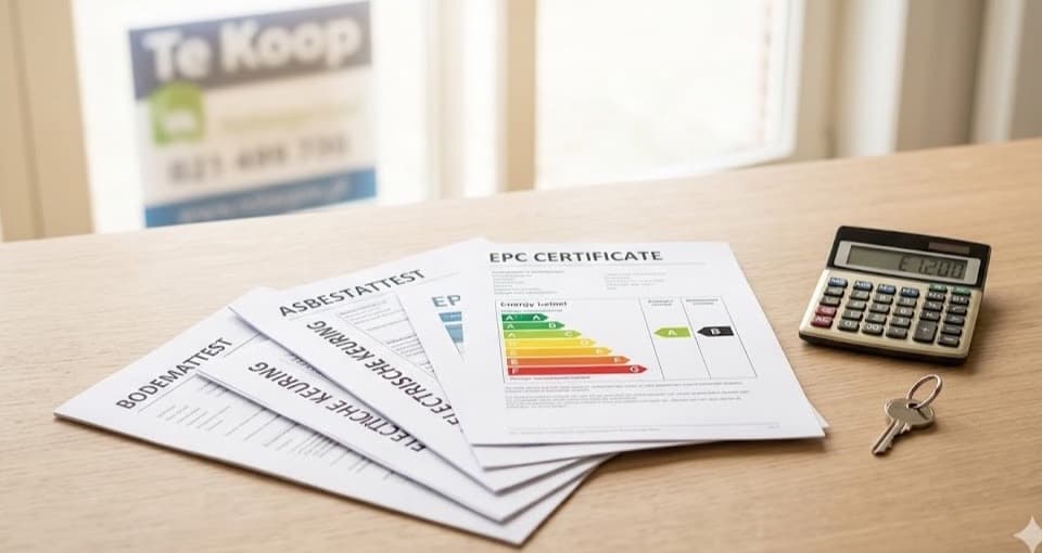 Verkoopdossier met EPC certificaat, asbestattest, elektrische keuring en bodemattest naast calculator en sleutel bij Te Koop-bord
