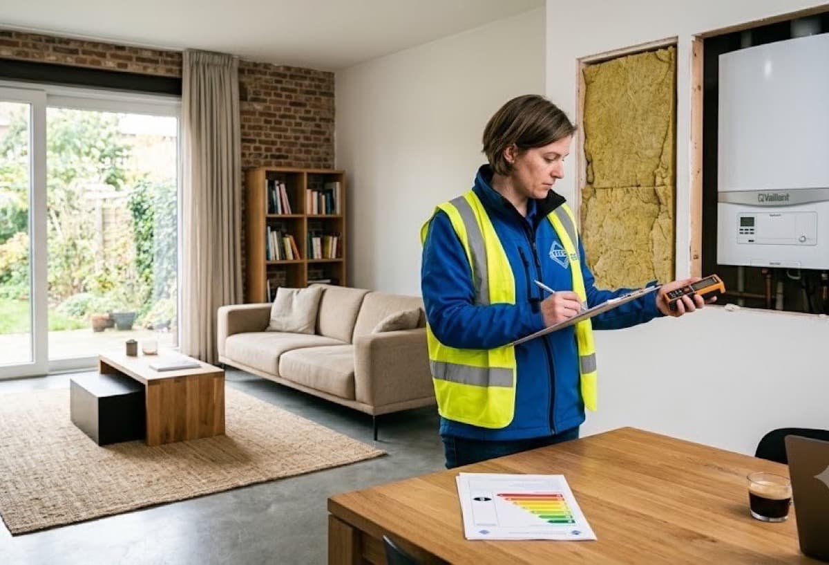 VEKA inspecteur controleert EPC rapport van energiedeskundige met checklist en meetapparatuur in een Vlaamse woning