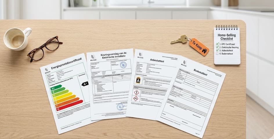 Vier verplichte attesten bij verkoop van een woning in Vlaanderen: EPC attest, elektrisch keuringsverslag, asbestattest en bodemattest naast huissleutels en checklist