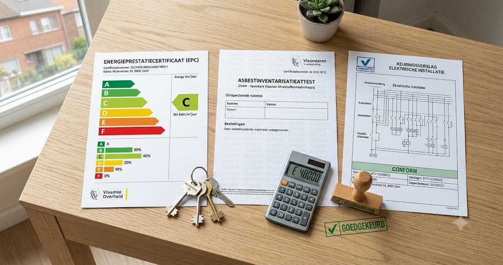 Drie verplichte keuringen bij verkoop woning: EPC energielabel, asbestattest met OVAM-logo en elektrische keuring met zekeringskast, gebundeld in een verkoopdossier