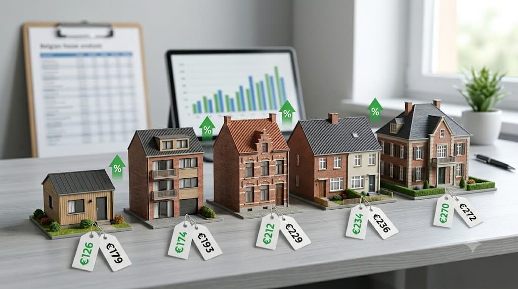 Prijsvergelijking EPC attest per woningtype in Vlaanderen: studio, appartement, rijwoning, halfopen en open bebouwing met marktgemiddelden van 10 aanbieders