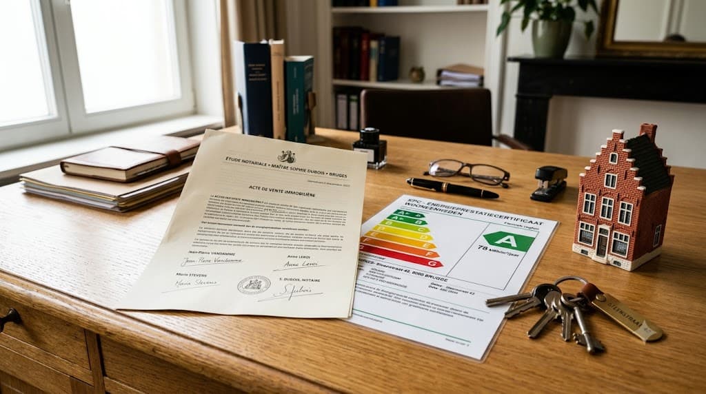 Notarisbureau in Brugge met EPC energieprestatiecertificaat label A, notariële verkoopakte met handtekeningen, sleutelbos en miniatuur Vlaams rijhuis