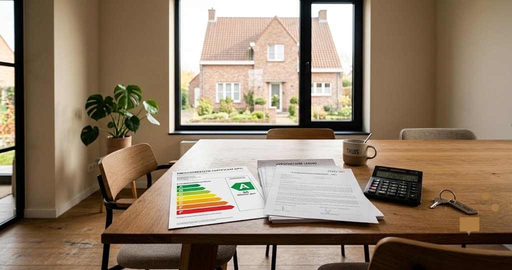 EPC energielabel naast hypotheekdocumenten en banklogo's: impact van EPC waarde op woonlening en rentekorting in Belgie
