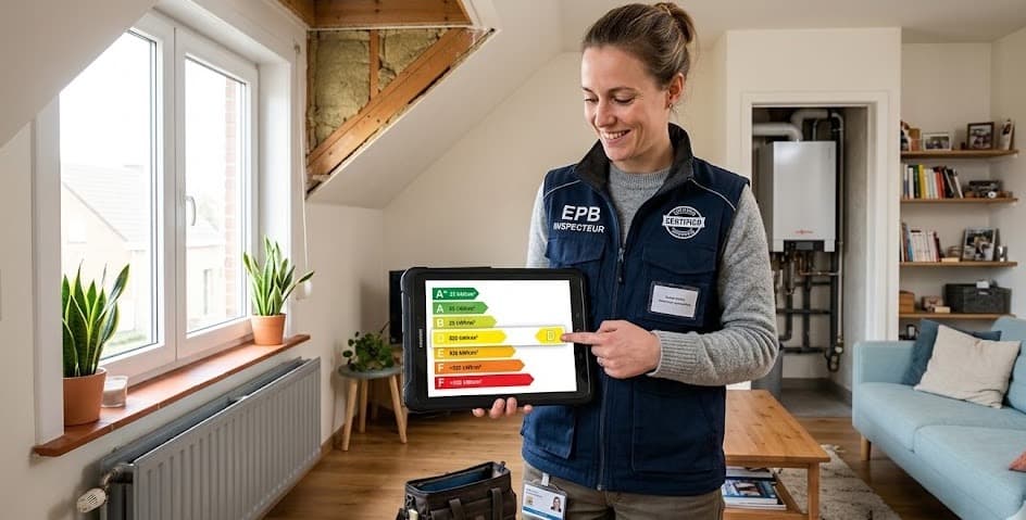 Erkende energiedeskundige toont EPC energielabels op tablet tijdens een woninginspectie in Vlaanderen