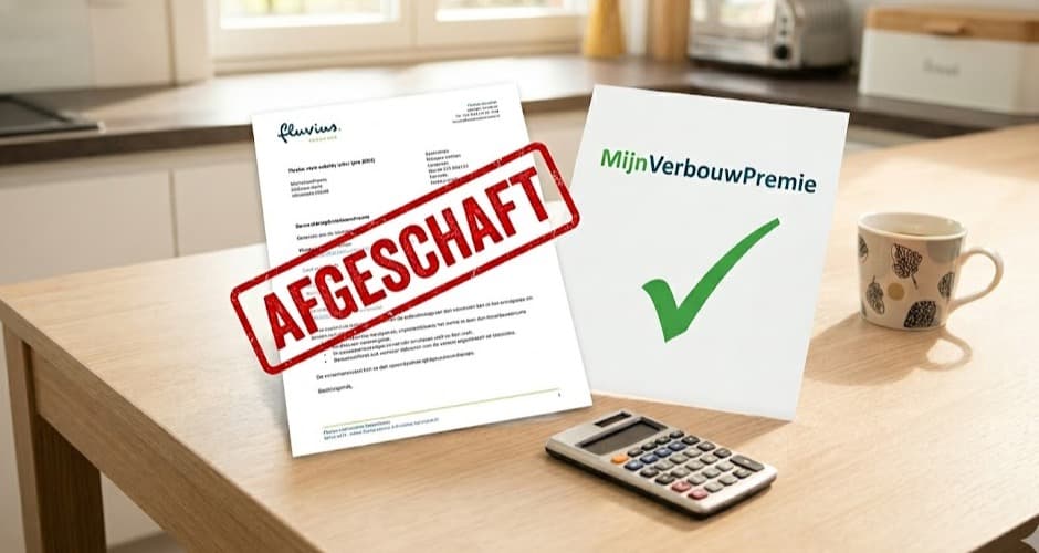 Fluvius labelpremie brief met stempel Afgeschaft naast MijnVerbouwPremie document met groen vinkje en calculator