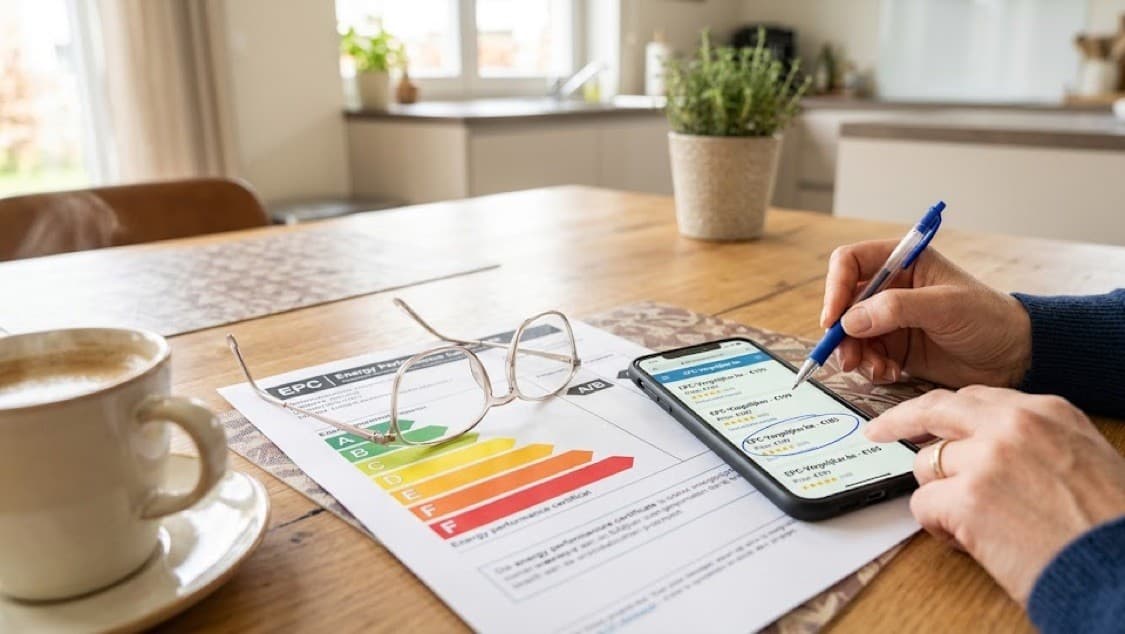 Huiseigenaar vergelijkt EPC attest prijzen op smartphone naast energielabel document