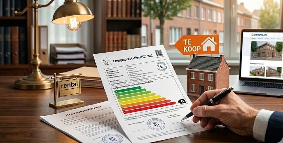EPC attest met energielabels A tot G naast huurovereenkomst en te koop-bord op Immoweb: verplicht bij verkoop en verhuur in Vlaanderen