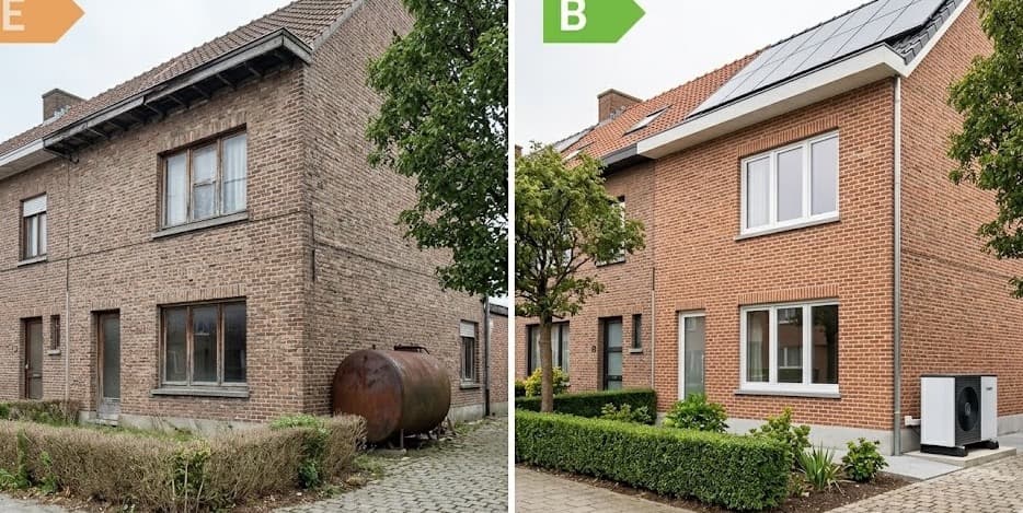 Vlaamse halfopen woning voor en na energetische renovatie: van EPC label E met stookolietank naar label B met warmtepomp en zonnepanelen