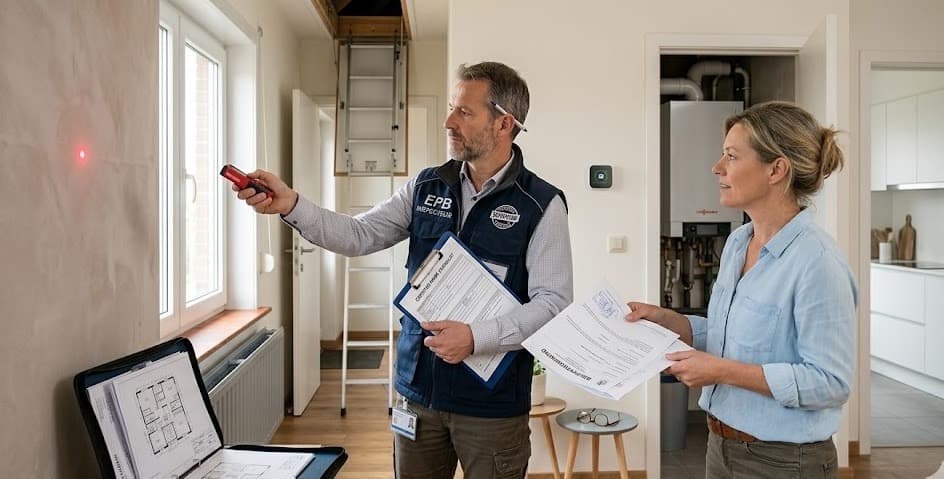 Erkende energiedeskundige meet muur op met lasermeter terwijl eigenaar bewijsstukken toont tijdens EPC keuring in Vlaamse woning