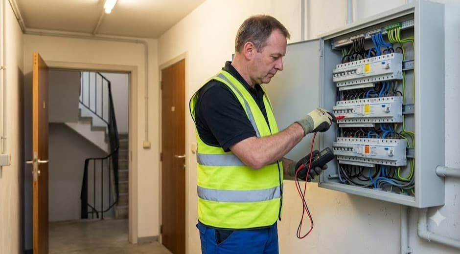 Erkende keurder inspecteert de zekeringskast in de gemeenschappelijke ruimte van een Vlaams appartementsgebouw met differentieelschakelaar en automaten