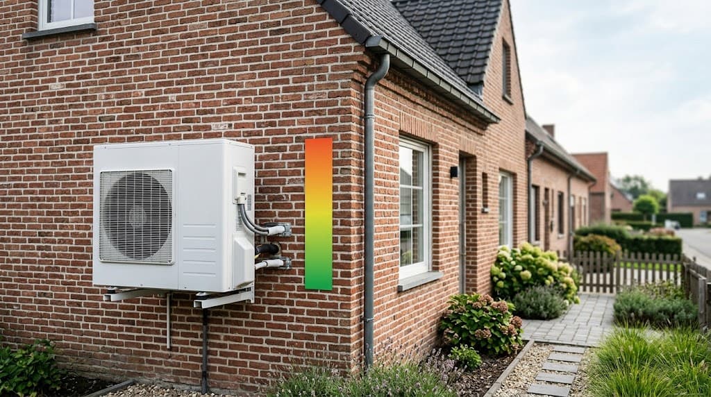 Warmtepomp buitenunit naast een Vlaamse woning met een EPC energielabel dat verbetert van label E naar label B na vervanging van de gasketel