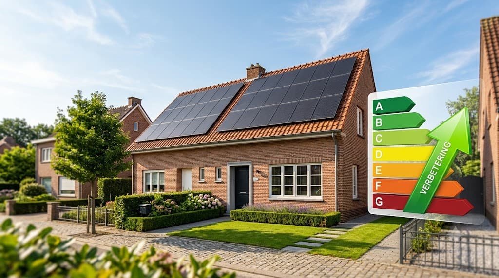 Vlaamse woning met zonnepanelen op het dak naast een EPC energielabel dat verbetert van label D naar label B